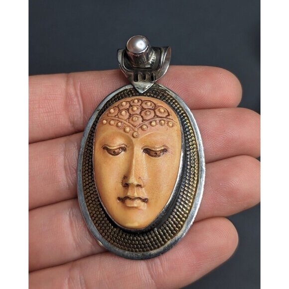 Tabra Guan Yin Buddha Goddess Resin Face Sterling Silver Earrings Pendant Set - Picture 7 of 16